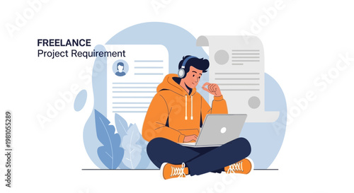 Freelancer working remotely on laptop with project requirements and headphones