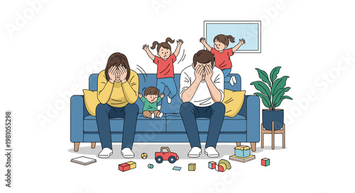 Exhausted parents sitting on a blue sofa covering their faces while three energetic children jump and play in a messy living room.