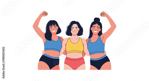 Three diverse women in colorful athletic wear standing together with raised fists celebrating their fitness achievements and friendship.