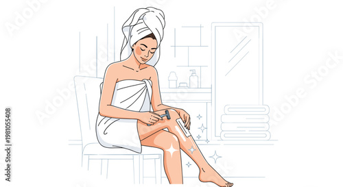 Young woman sitting in a bathroom wearing a white towel and hair wrap carefully shaving her legs with a razor for smooth skin.