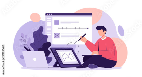 Graphic designer working on digital art with laptop and tablet, creative process