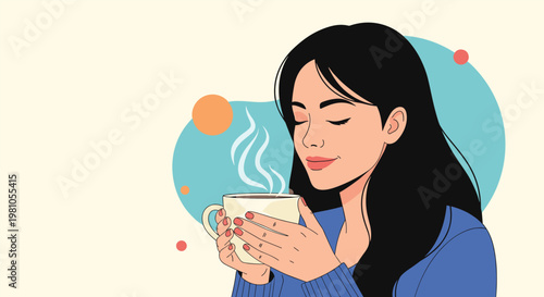 Peaceful young woman with long black hair holding a steaming cup of coffee or tea with her eyes closed enjoying the aroma.