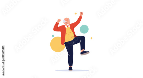 Energetic senior man with white hair wearing a red cardigan jumping and dancing joyfully against a white background with abstract shapes.