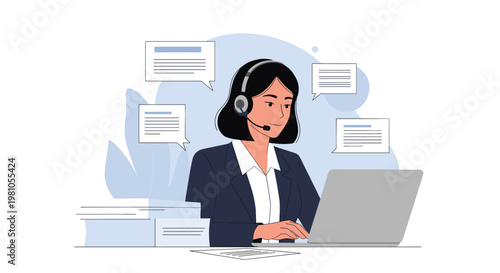 Professional female customer service representative wearing a headset and working on a laptop with speech bubbles in the background.