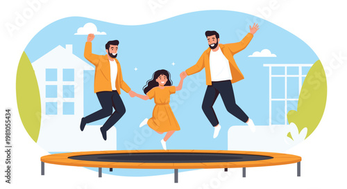 Happy family consisting of two fathers and their young daughter jumping excitedly on a large backyard trampoline on a sunny day.