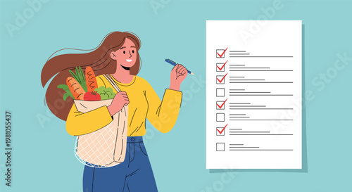 Joyful young woman carrying a reusable bag full of fresh vegetables and writing on a large checklist with a blue pen in hand.