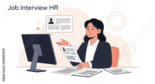 HR manager conducting a job interview online, reviewing resumes on computer