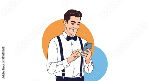 Stylish young man wearing a white shirt with suspenders and a bowtie smiling while using his smartphone against colorful background.