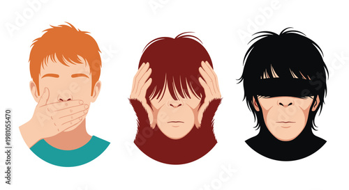 Illustration of three characters including a man an orangutan and a chimpanzee acting out the see hear and speak no evil proverb.