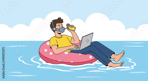 Man wearing a protective mask and headphones working on his laptop while floating on a pink inflatable ring in the ocean with a drink.