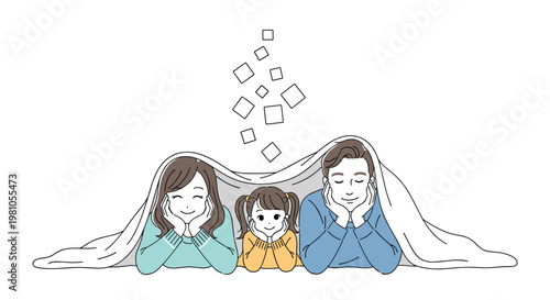 Happy family with a young daughter lying together under a white blanket and looking up at floating square shapes.