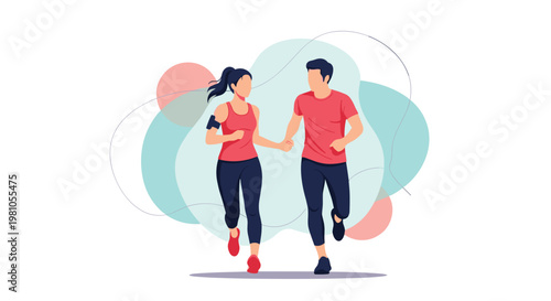 Active young couple jogging together outdoors against an abstract background to maintain their fitness and health.