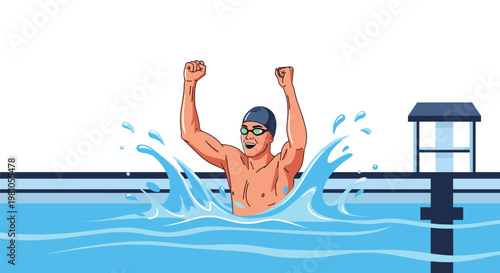 Professional male swimmer celebrates his victory in a swimming pool with arms raised and water splashing around him.
