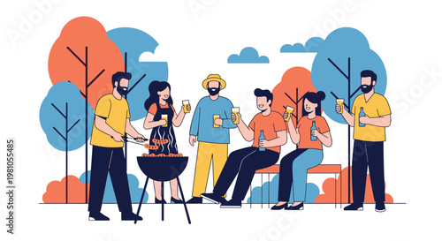 Diverse group of friends enjoying a backyard barbecue party together with grilled food and drinks in a park setting.