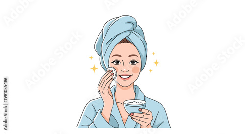 Smiling young woman wearing a bathrobe and head towel applying facial cream or makeup with a cotton pad in bathroom.