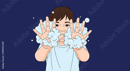 Young child showing soapy hands covered in bubbles to emphasize the importance of hygiene and washing hands regularly.