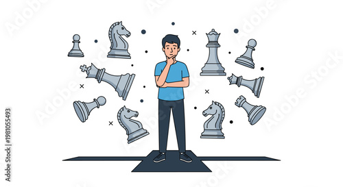 Thoughtful young boy standing in the center of various floating large chess pieces while pondering his next move.