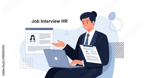 HR manager conducting job interview online using laptop and resume