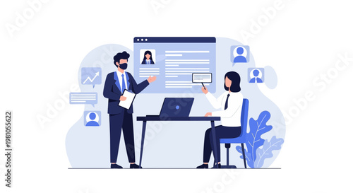 Business Meeting: Analyzing Candidate Profile on Digital Screen with Laptop