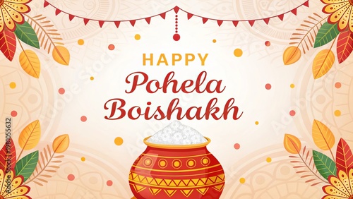Happy Pohela Boishakh greeting with traditional pot and decorative leaves.
