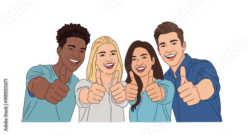 Diverse group of four young friends smiling and giving two thumbs up together towards the camera for a positive sign.