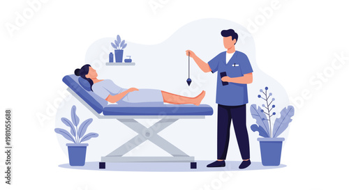 Professional hypnotherapist using a pendulum to treat a female patient lying on a medical bed in a therapy room.