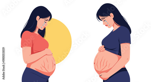 Sad pregnant woman in two different outfits standing and crying while holding her belly with visible stretch marks.