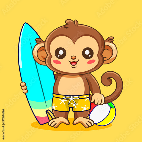 Cute Cartoon Monkey Pose with Surfboard and Beach Ball Vector Illustration Kawaii