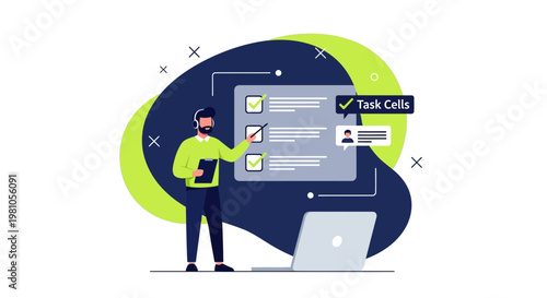 Man checking tasks on a digital checklist with laptop, business concept illustration