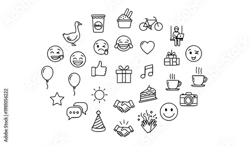 Happy outline icons in circular layout with emoji lifestyle and celebration elements modern vector set for apps