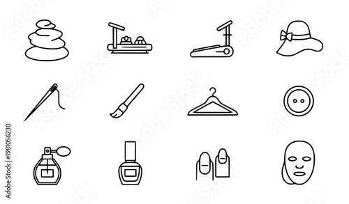 Minimal beauty filled icons set with spa makeup and fashion accessories scattered layout vector collection