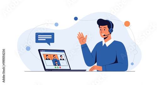 Man in headset waves during video conference call on laptop, online meeting concept