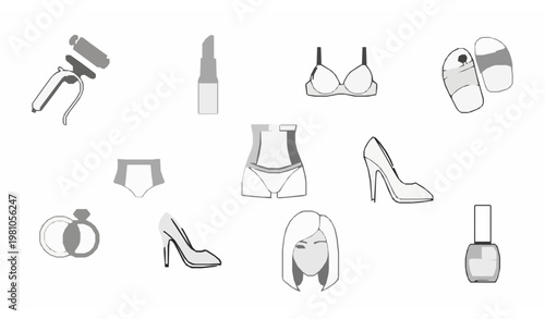 Minimal women outline icons set with lipstick shoes beauty accessories and fashion elements scattered layout vector collection