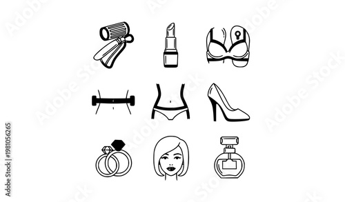 Women beauty outline icons in circular layout with lipstick shoes and fashion accessories modern vector set for apps