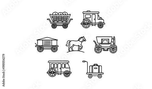 Carriage outline icons in circular layout with cargo wagon train and transport elements modern vector set for apps
