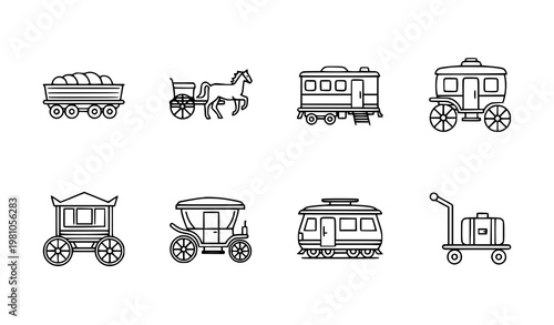 Carriage outline icons set with cargo wagon train and horse carriage minimal line vector collection for web and mobile