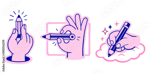 Hand drawn hands and gestures illustration, creative craft and graphic design work, drawing tools, freelance artist, teamwork, communication, poster, logo and print template concept