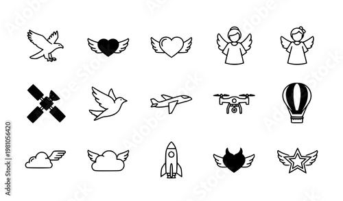 Flying icons set with eagle angel wings heart satellite and air transport symbols modern vector collection for web and mobile