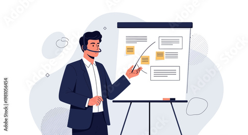 Man in suit with headset presenting on flip chart with sticky notes, business meeting