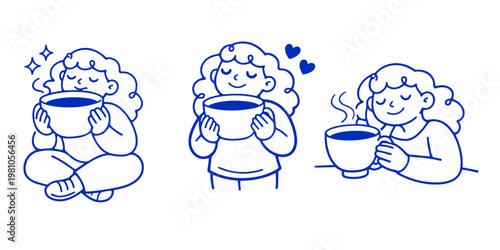 Hand drawn cartoon woman character illustration, mascot branding concept for cafe and beverage advertising, funny doodle style graphic for posters, logos, banners and promotional design