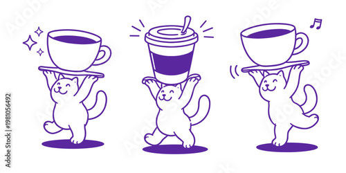 Hand drawn coffee cup mascot illustration, smiling cartoon character logo design, branding, advertising, poster, banner, print and sticker concept for cafe and barista shop