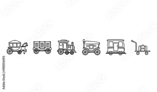 Minimal carriage outline icons set with cargo wagon train and transport elements horizontal layout vector collection