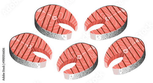 Five succulent grilled salmon steaks featuring distinct dark char marks and textured grey skin are positioned in a balanced isometric layout on white.