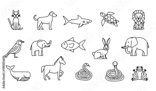Minimal animal line icons set with cat dog shark turtle and wildlife nature symbols scattered layout vector collection