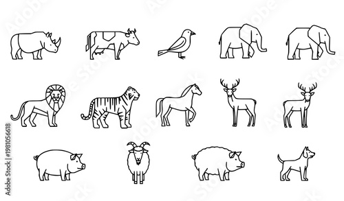 Minimal animal outline icons set with rhinoceros cow bird and wildlife symbols scattered layout vector collection