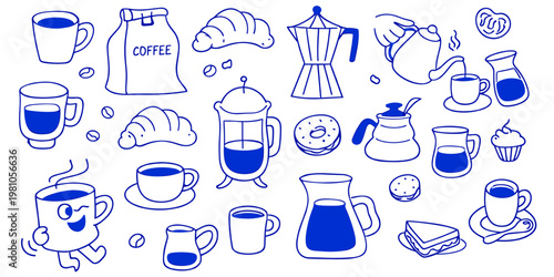 Hand drawn cafe and bakery illustration, brunch menu elements, coffee shop drinks and food, barista tools, branding, posters, stickers, advertising graphics