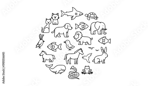 Animal outline icons in circular layout with cat dog shark turtle and wildlife nature elements modern vector set