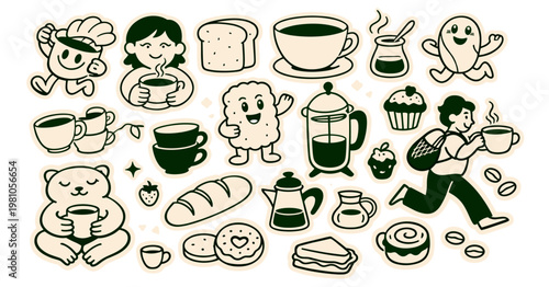 Hand drawn coffee mascot illustration, cafe and barista character, specialty coffee logo and sticker design, latte cappuccino cup, bakery breakfast branding, happy smiling beverage concept