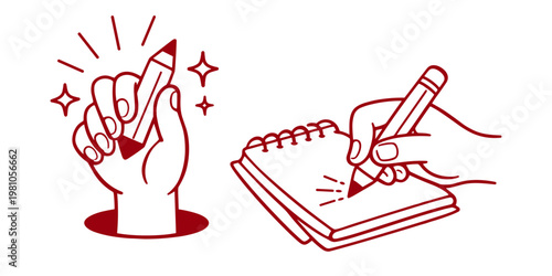 Hand drawn hands and gestures illustration, craft and creative work concept, graphic designer workflow, freelance artist drawing, logo poster print template design