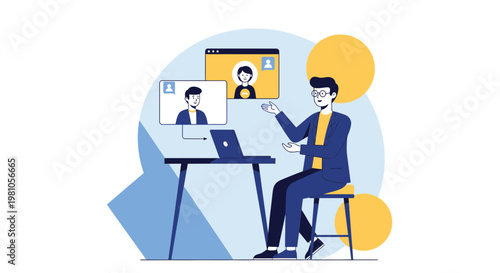 Man in video conference call with colleagues, working from home concept